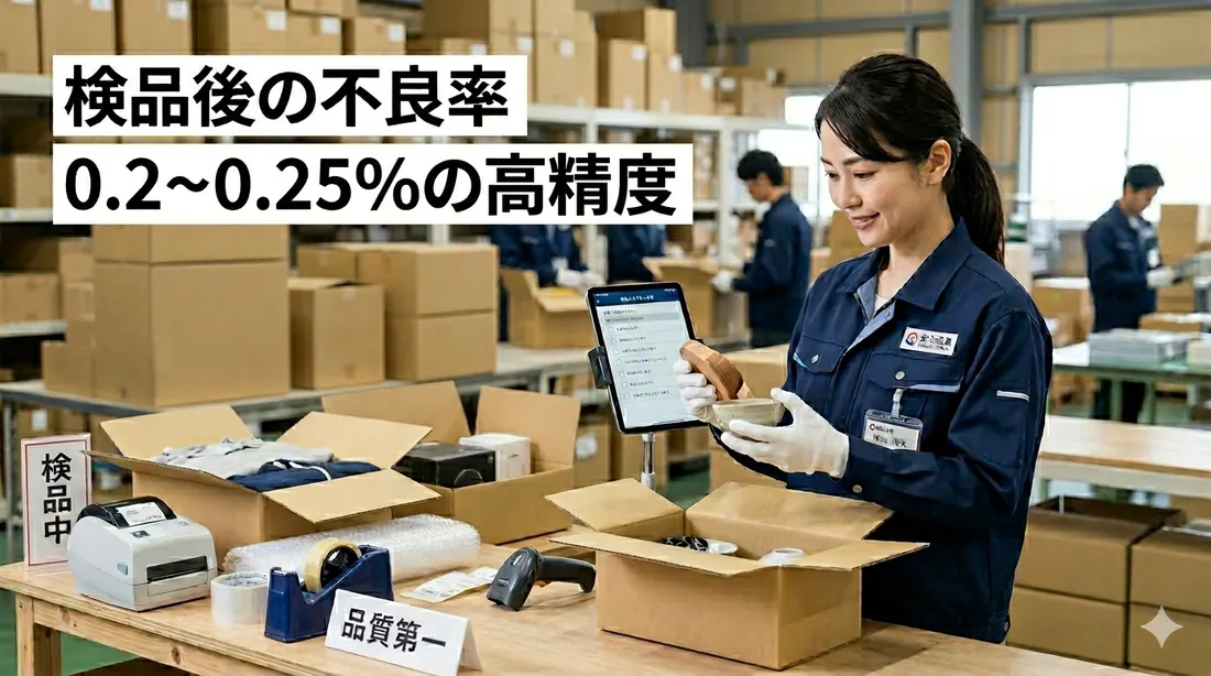 スタッフがタブレットを使い、一品ずつ丁寧に検品している様子